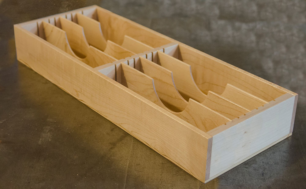 narrow maple drawer organizer with scooped dividers