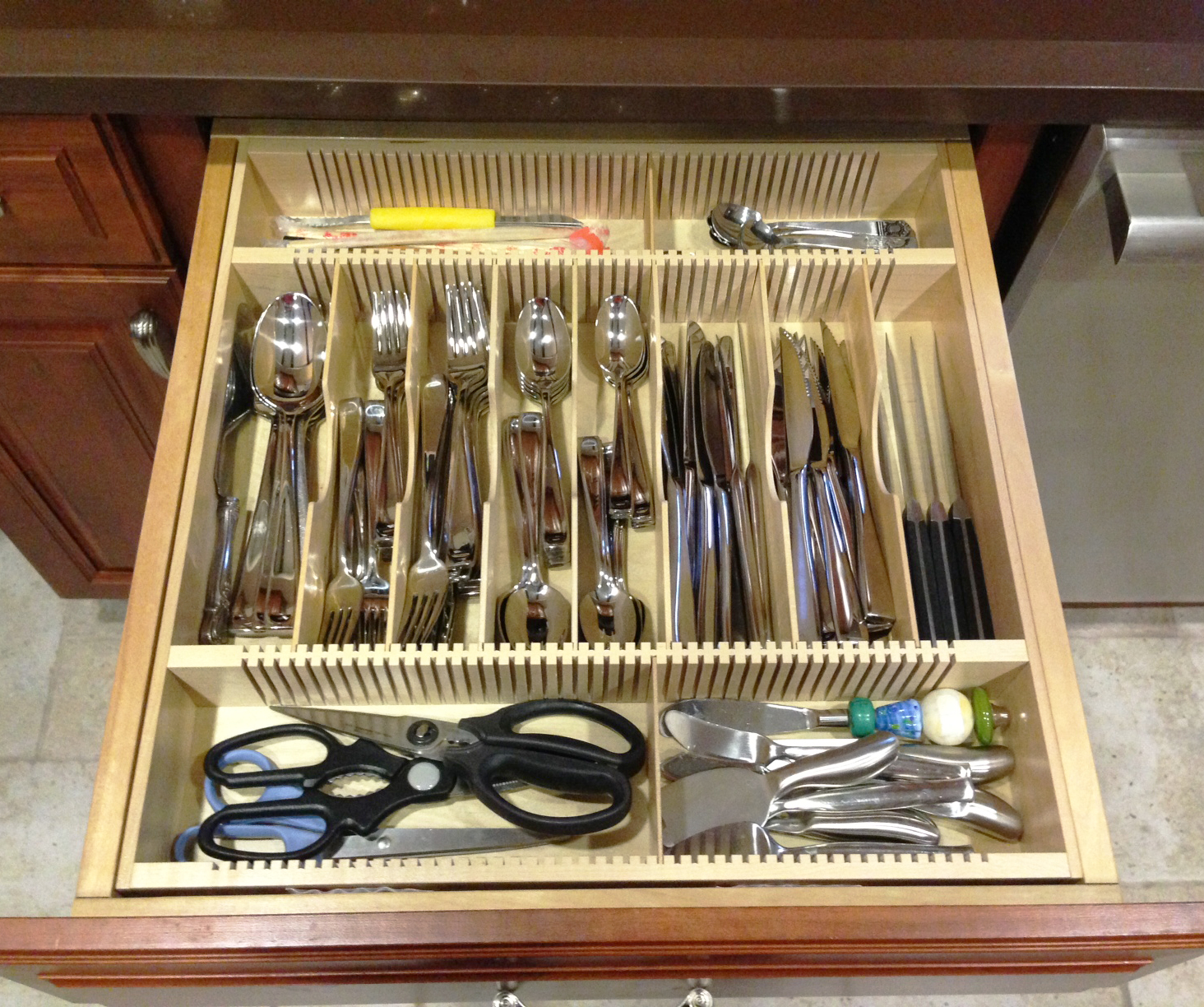 wood drawer organizer with scooped dividers