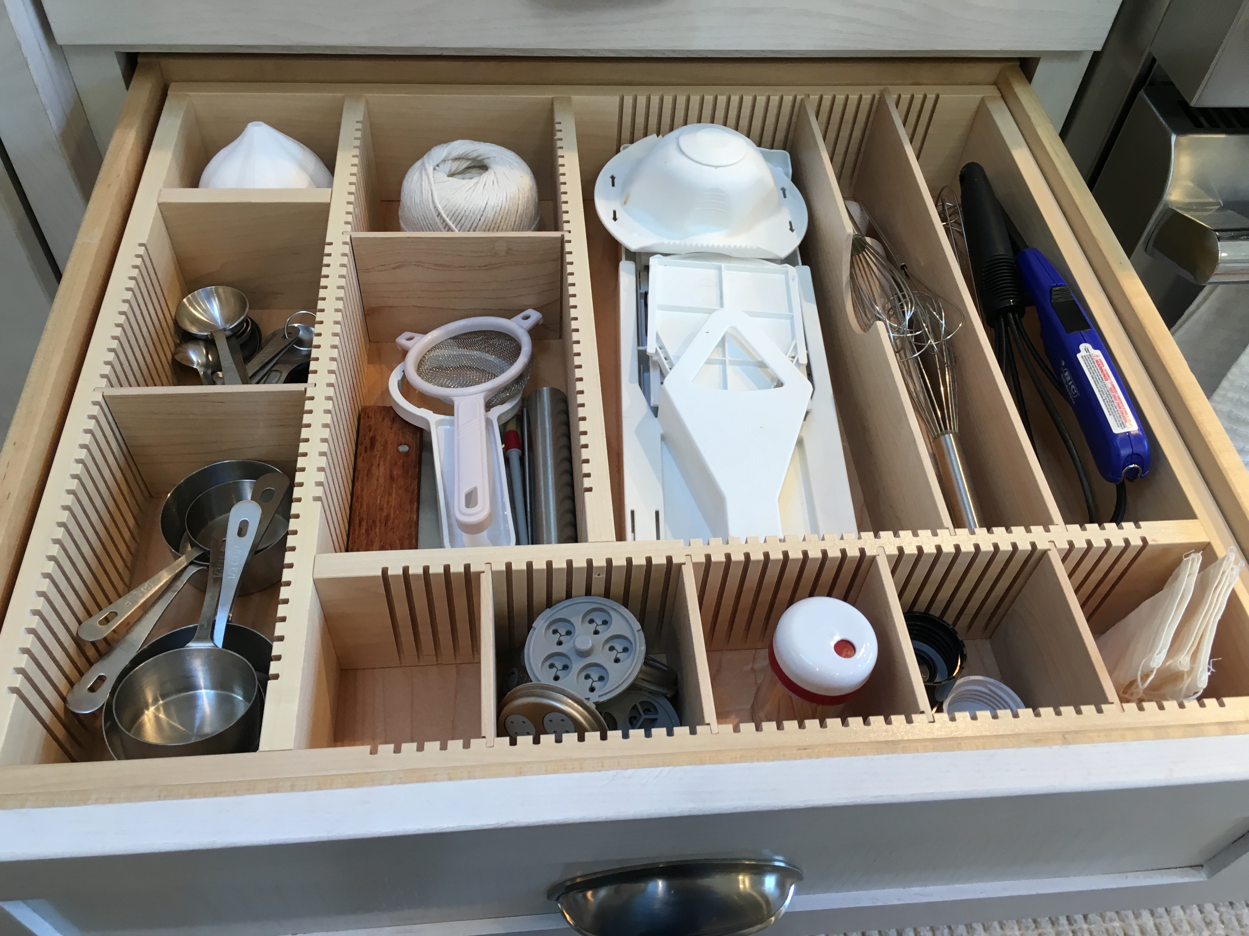 maple utensil drawer with adjustable dividers